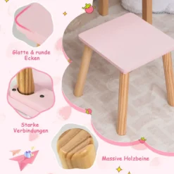 Erdbeerförmiges 2-in-1-Kinder-Schminkset aus Holz mit Hocker & Spiegel & Schublade