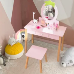 Erdbeerförmiges 2-in-1-Kinder-Schminkset aus Holz mit Hocker & Spiegel & Schublade