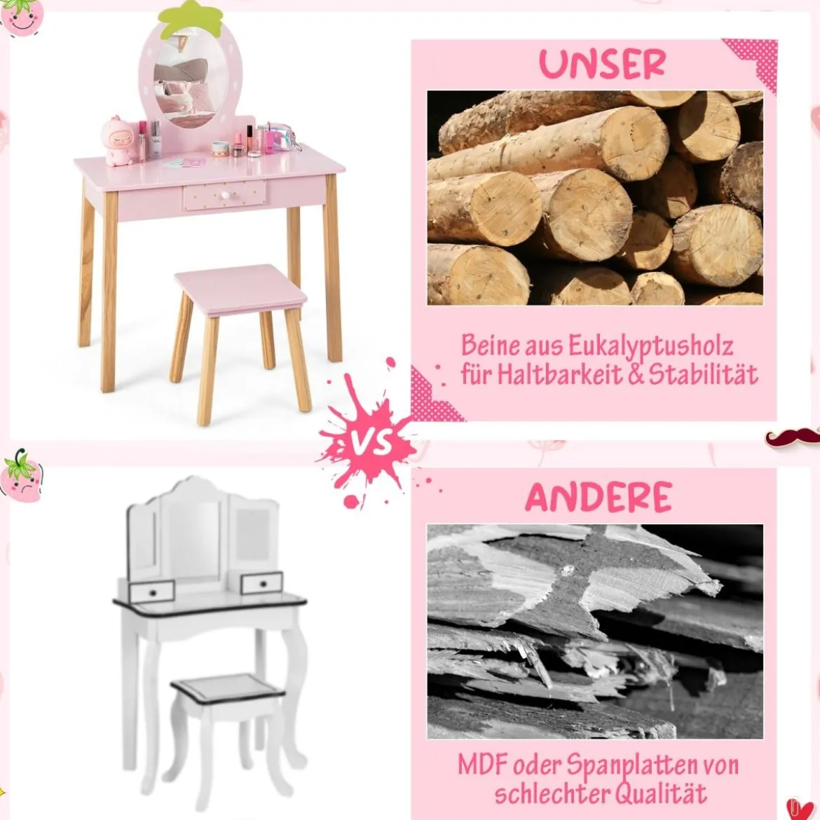 Erdbeerförmiges 2-in-1-Kinder-Schminkset aus Holz mit Hocker & Spiegel & Schublade