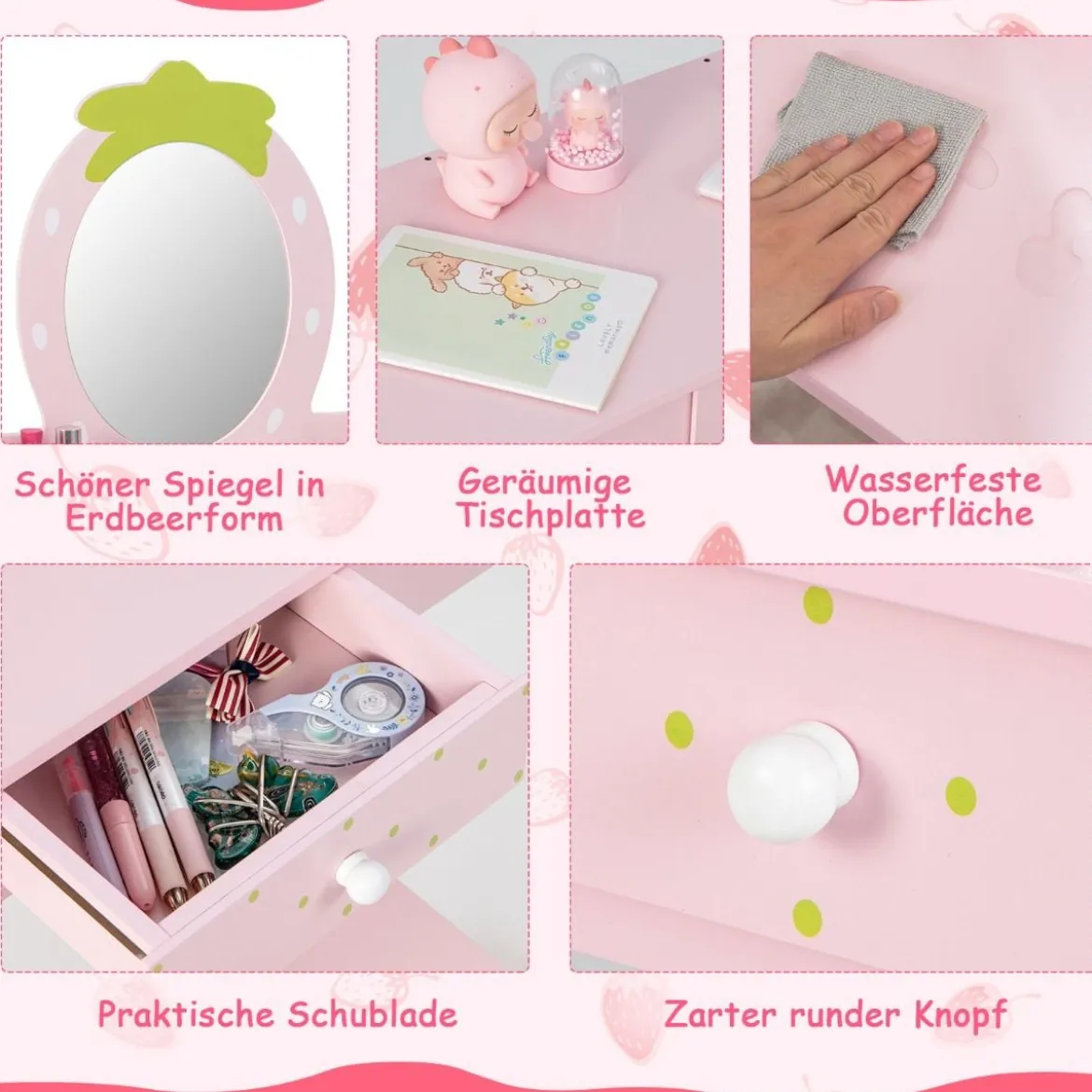 Erdbeerförmiges 2-in-1-Kinder-Schminkset aus Holz mit Hocker & Spiegel & Schublade