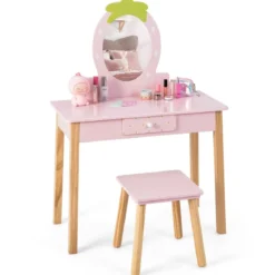 Erdbeerförmiges 2-in-1-Kinder-Schminkset aus Holz mit Hocker & Spiegel & Schublade