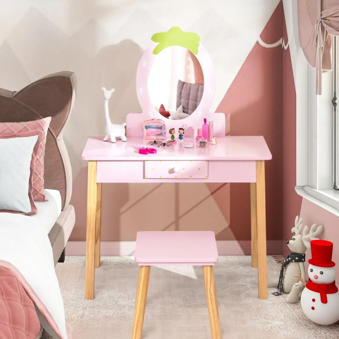 Erdbeerförmiges 2-in-1-Kinder-Schminkset aus Holz mit Hocker & Spiegel & Schublade