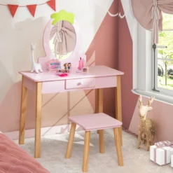Erdbeerförmiges 2-in-1-Kinder-Schminkset aus Holz mit Hocker & Spiegel & Schublade