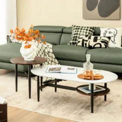 2er 2 Ebenen Satztisch Set - Couchtisch & Runder Beistelltisch Marmor Optik mit Rahmen