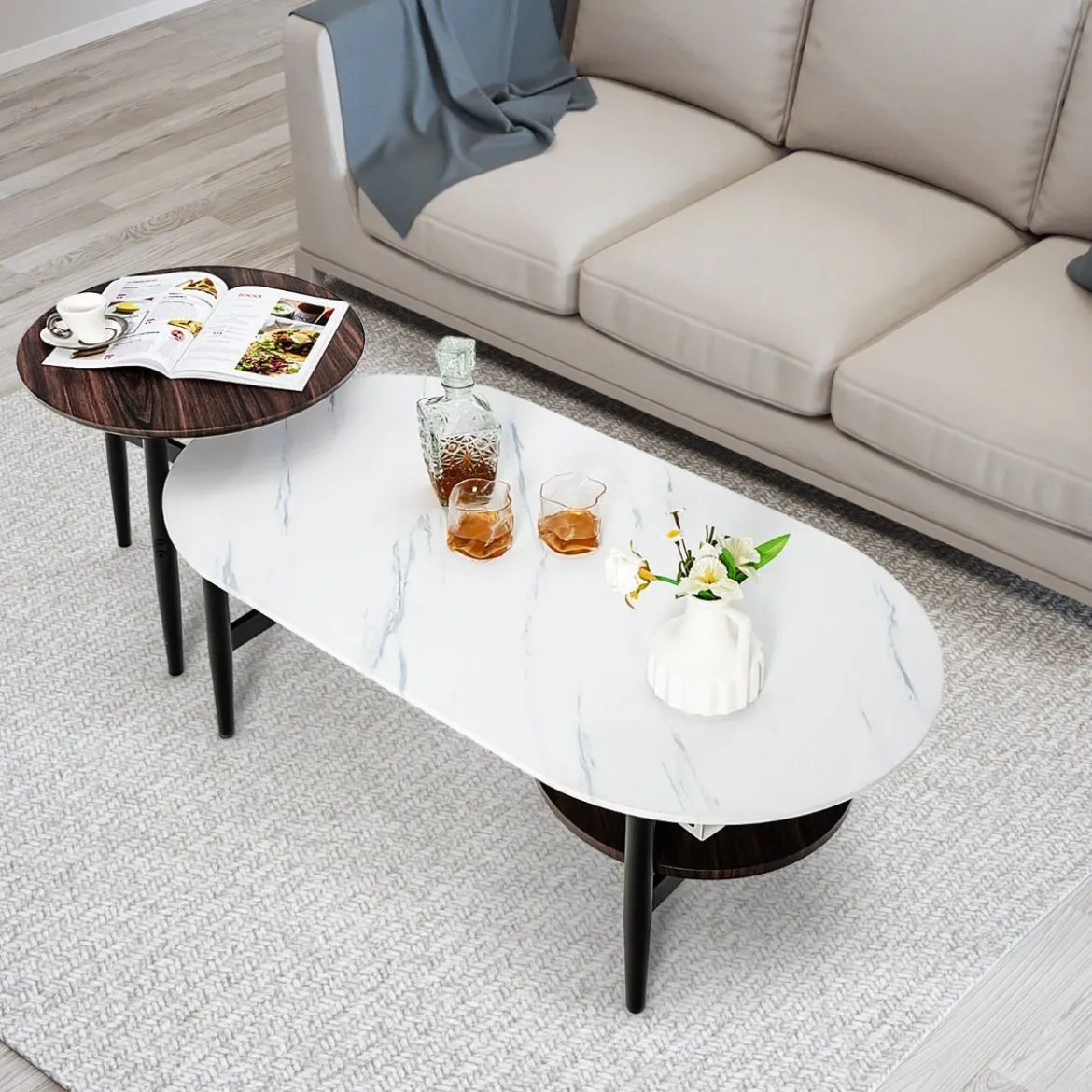 2er 2 Ebenen Satztisch Set - Couchtisch & Runder Beistelltisch Marmor Optik mit Rahmen