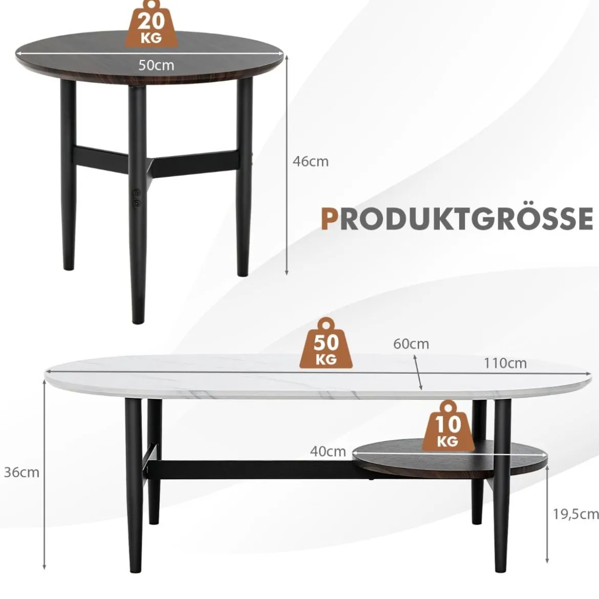 2er 2 Ebenen Satztisch Set - Couchtisch & Runder Beistelltisch Marmor Optik mit Rahmen