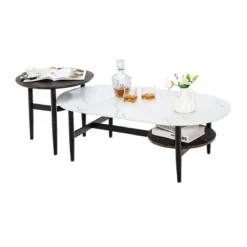 2er 2 Ebenen Satztisch Set - Couchtisch & Runder Beistelltisch Marmor Optik mit Rahmen