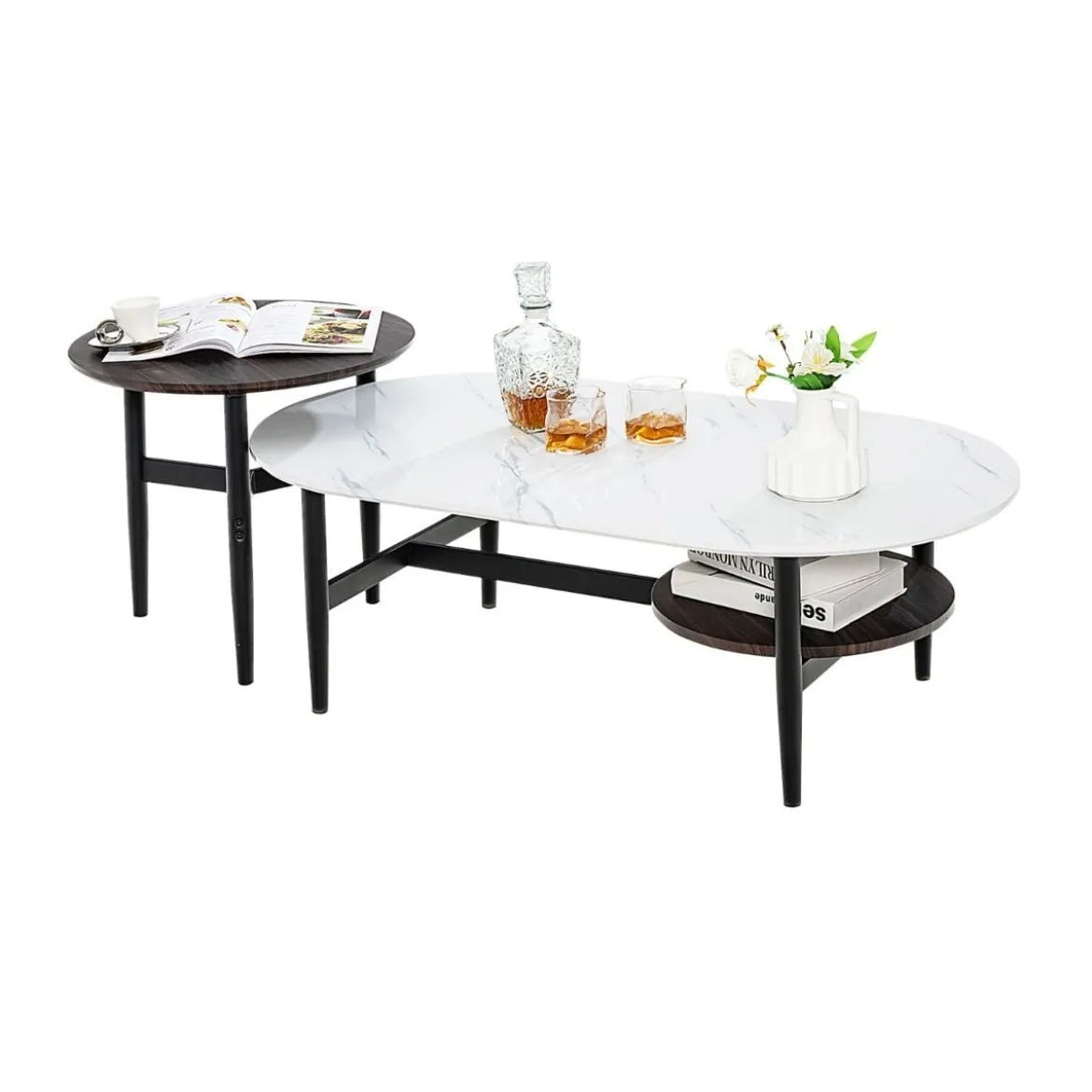 2er 2 Ebenen Satztisch Set - Couchtisch & Runder Beistelltisch Marmor Optik mit Rahmen