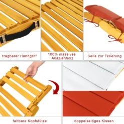 Ergonomische Holz Sonnenliege mit Auflage & Klappbarer Kopfstütze Gartenliege 190 x 55 x 52 cm