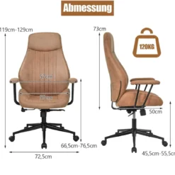 Ergonomischer Bürostuhl aus Wildleder 150° neigbarer Computerstuhl Braun