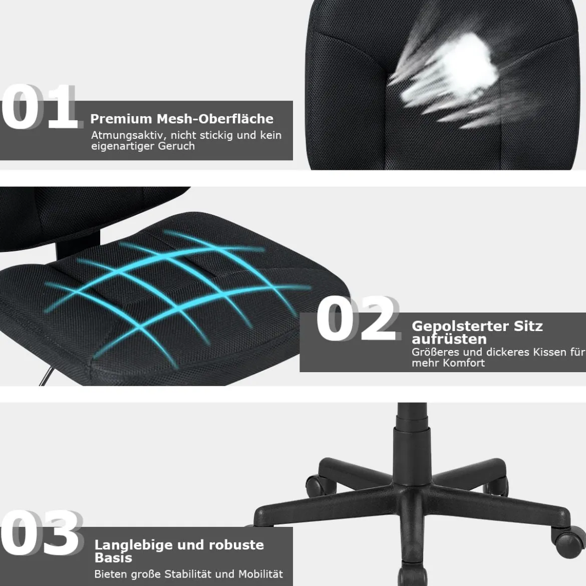 Ergonomischer Bürostuhl Computer-Stuhl mit einstellbare Höhe 63,5 x 61 x 84-94 cm Schwarz