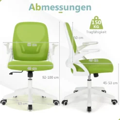 Ergonomischer Bürostuhl mit Hochklappbaren Armlehnen & Wippfunktion Schreibtischstuhl Grün