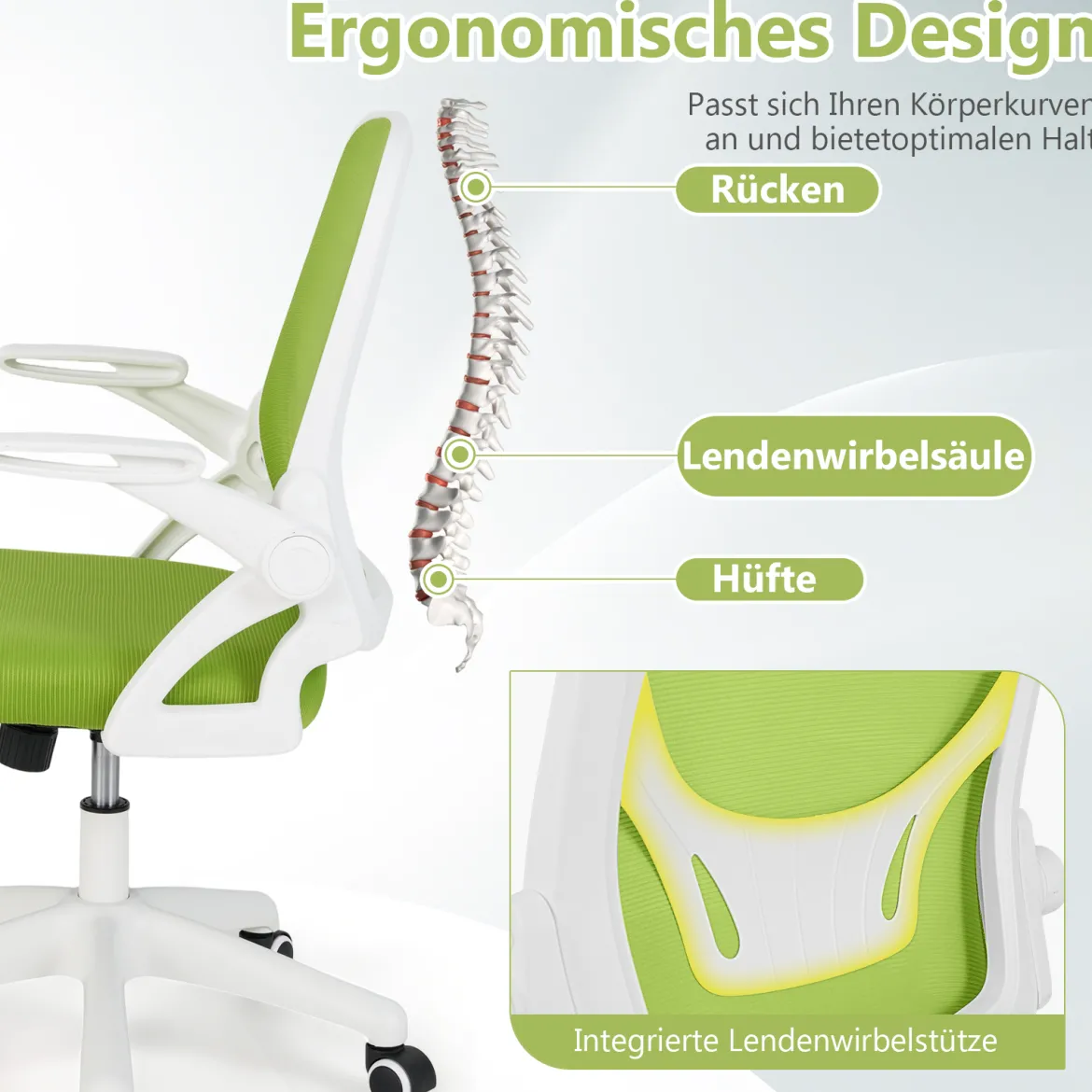 Ergonomischer Bürostuhl mit Hochklappbaren Armlehnen & Wippfunktion Schreibtischstuhl Grün