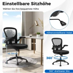 Ergonomischer Bürostuhl mit Hochklappbaren Armlehnen & Verstellbarer Lendenstütze & Wippfunktion