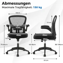 Ergonomischer Bürostuhl mit Hochklappbaren Armlehnen & Verstellbarer Lendenstütze & Wippfunktion