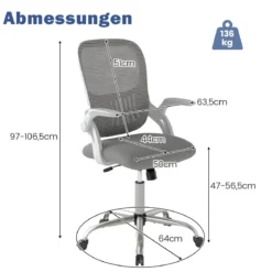 Ergonomischer Bürostuhl mit Hochklappbaren Armlehnen & Wippfunktion Computerstuhl Grau