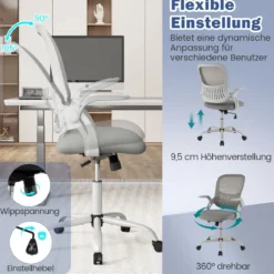 Ergonomischer Bürostuhl mit Hochklappbaren Armlehnen & Wippfunktion Computerstuhl Grau