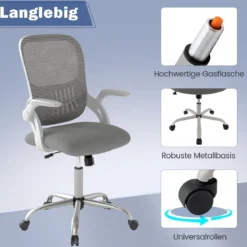 Ergonomischer Bürostuhl mit Hochklappbaren Armlehnen & Wippfunktion Computerstuhl Grau