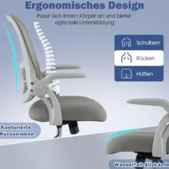 Ergonomischer Bürostuhl mit Hochklappbaren Armlehnen & Wippfunktion Computerstuhl Grau