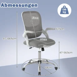 Ergonomischer Bürostuhl mit Hochklappbaren Armlehnen & Wippfunktion Computerstuhl Grau