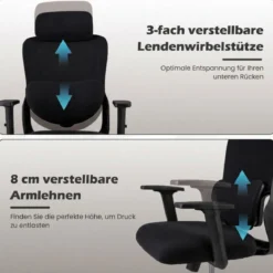 Ergonomischer Bürostuhl mit Verstellbarer Kopfstütze & Lendenstütze Schreibtischstuhl Schwarz