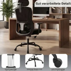 Ergonomischer Bürostuhl mit Verstellbarer Kopfstütze & Lendenstütze Schreibtischstuhl Schwarz