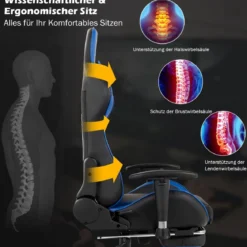 Ergonomischer Gaming Stuhl mit Einziehbarer Fußstütze & Verstellbarer Rückenlehne Blau