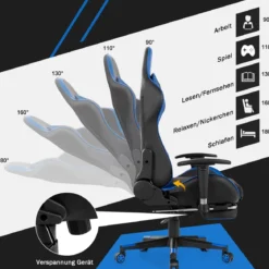Ergonomischer Gaming Stuhl mit Einziehbarer Fußstütze & Verstellbarer Rückenlehne Blau