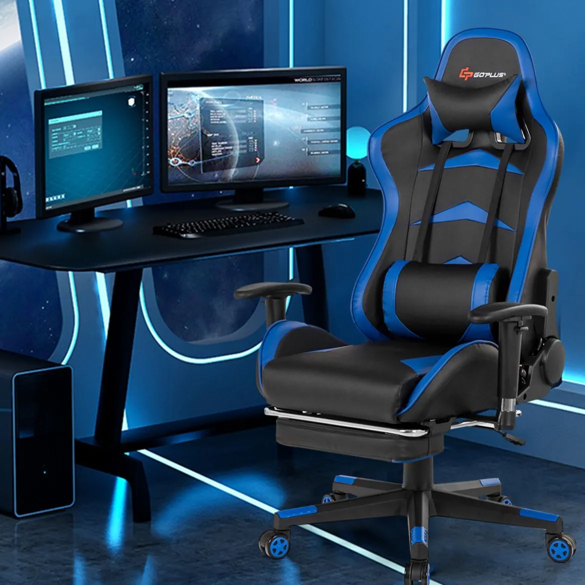 Ergonomischer Gaming Stuhl mit Einziehbarer Fußstütze & Verstellbarer Rückenlehne Blau