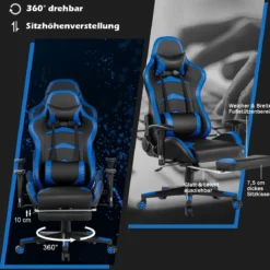 Ergonomischer Gaming Stuhl mit Einziehbarer Fußstütze & Verstellbarer Rückenlehne Blau