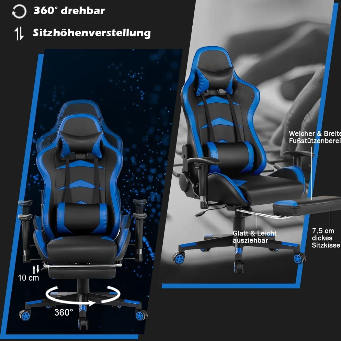 Ergonomischer Gaming Stuhl mit Einziehbarer Fußstütze & Verstellbarer Rückenlehne Blau