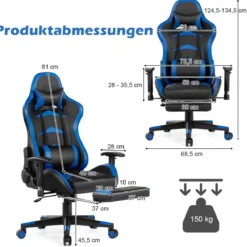 Ergonomischer Gaming Stuhl mit Einziehbarer Fußstütze & Verstellbarer Rückenlehne Blau