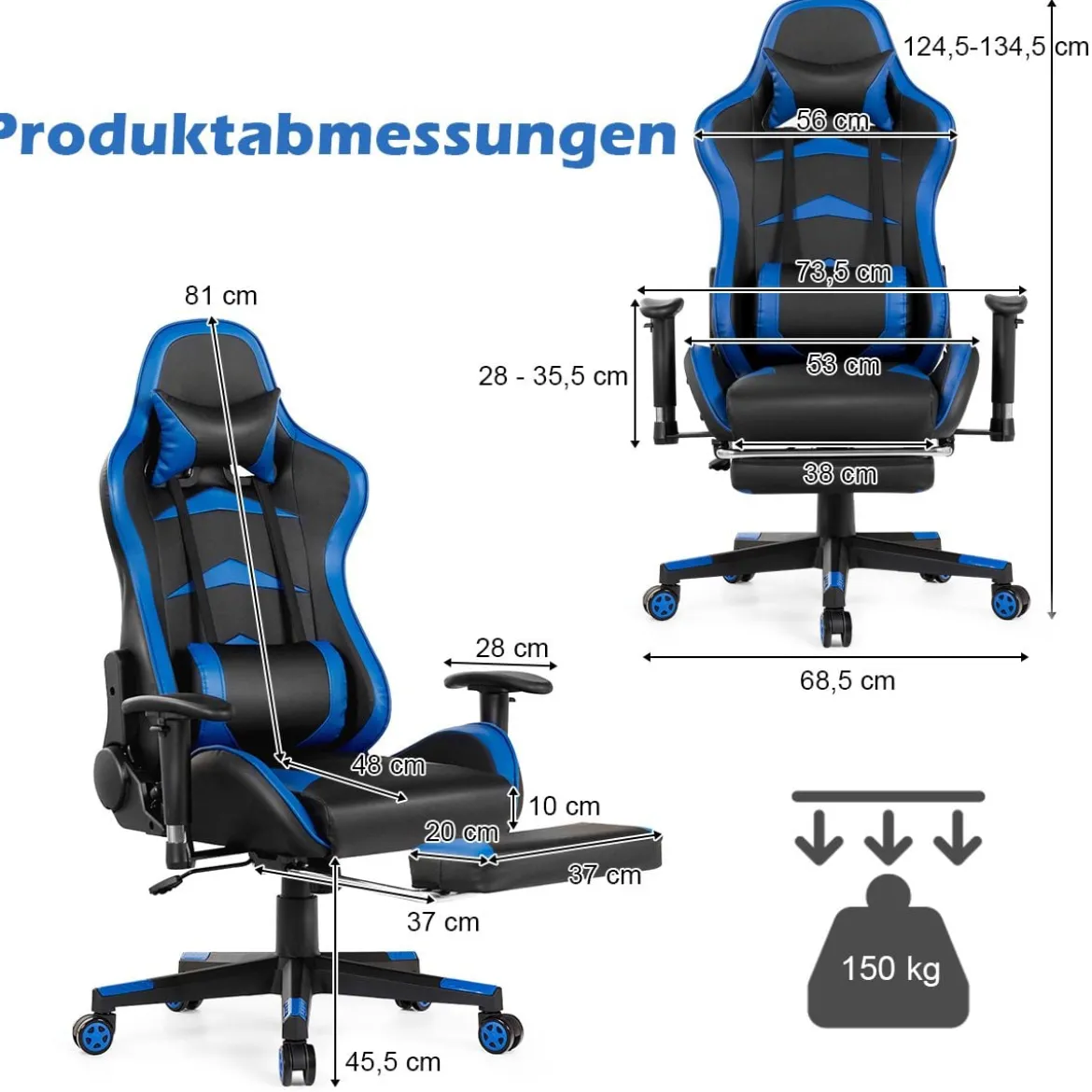 Ergonomischer Gaming Stuhl mit Einziehbarer Fußstütze & Verstellbarer Rückenlehne Blau