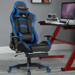 Ergonomischer Gaming Stuhl mit Einziehbarer Fußstütze & Verstellbarer Rückenlehne Blau