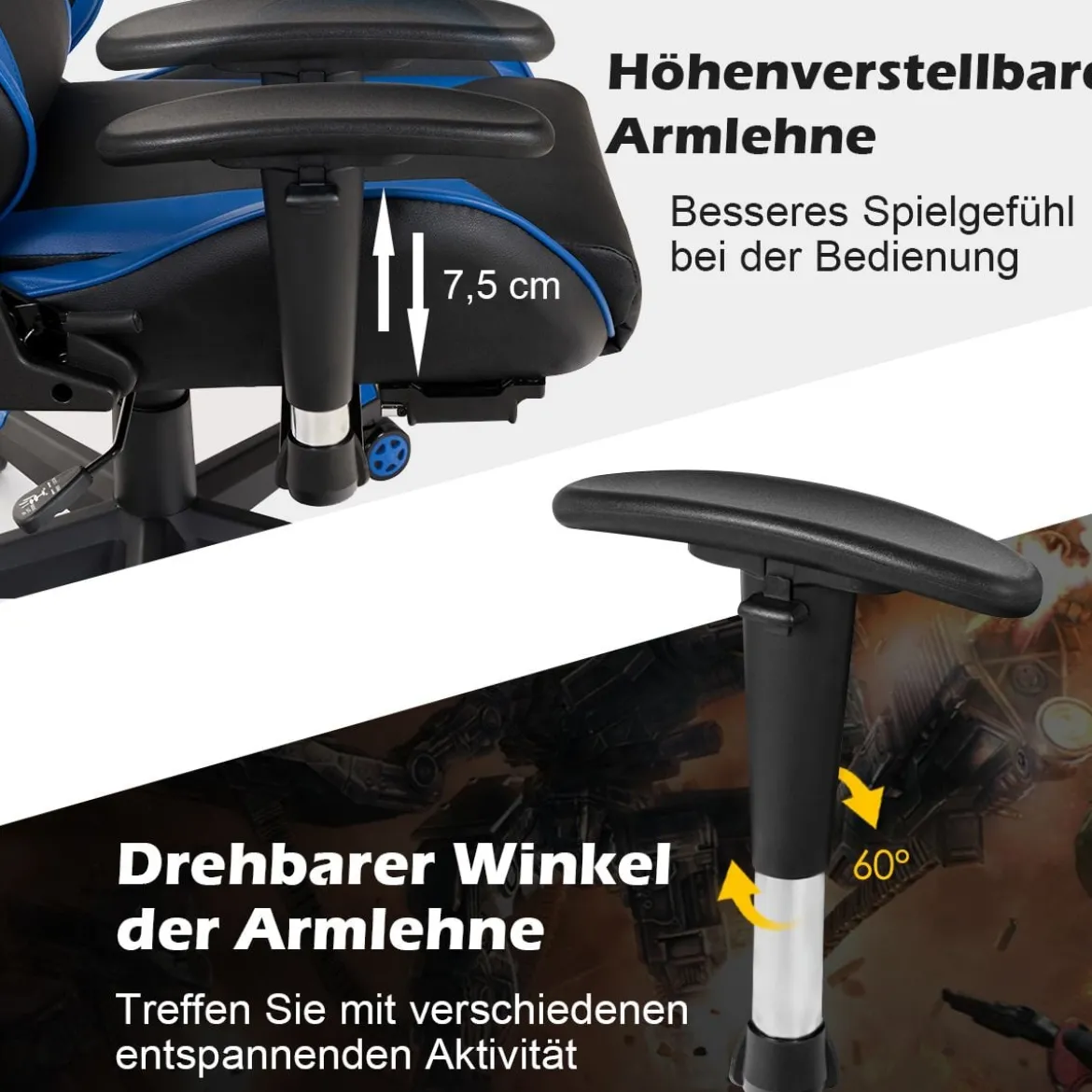 Ergonomischer Gaming Stuhl mit Einziehbarer Fußstütze & Verstellbarer Rückenlehne Blau