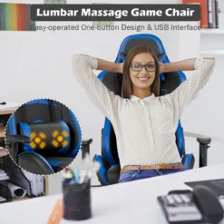 Ergonomischer Gaming Stuhl mit Einziehbarer Fußstütze & Verstellbarer Rückenlehne Blau