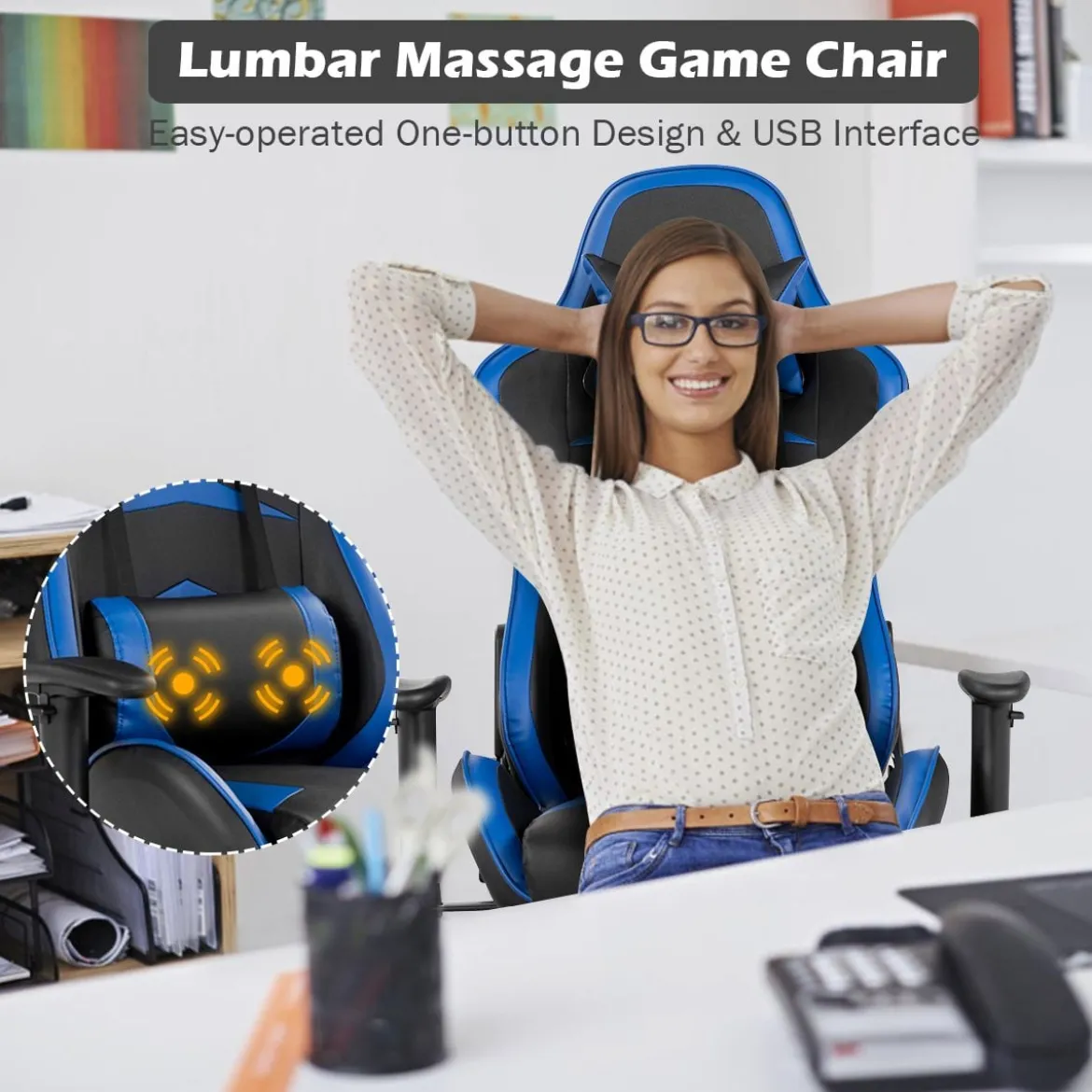 Ergonomischer Gaming Stuhl mit Einziehbarer Fußstütze & Verstellbarer Rückenlehne Blau