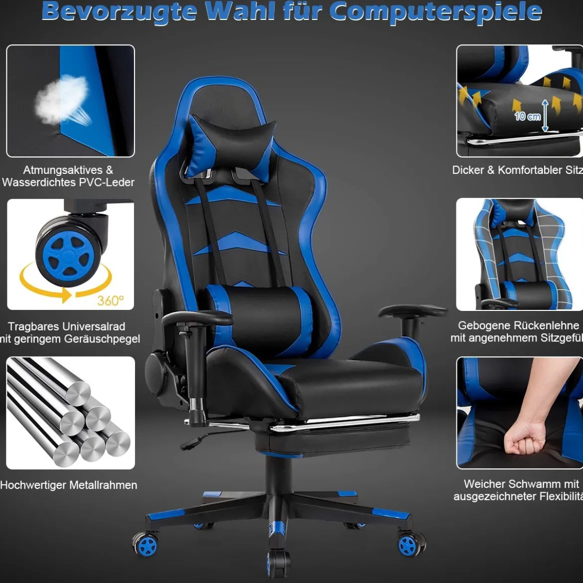 Ergonomischer Gaming Stuhl mit Einziehbarer Fußstütze & Verstellbarer Rückenlehne Blau