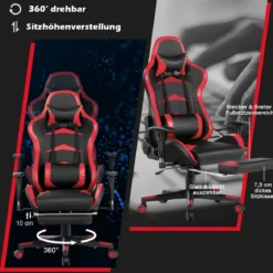 Ergonomischer Gaming Stuhl mit Einziehbarer Fußstütze & Verstellbarer Rückenlehne Rot