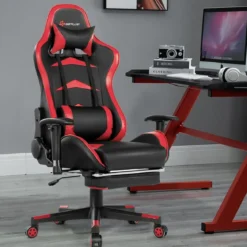 Ergonomischer Gaming Stuhl mit Einziehbarer Fußstütze & Verstellbarer Rückenlehne Rot