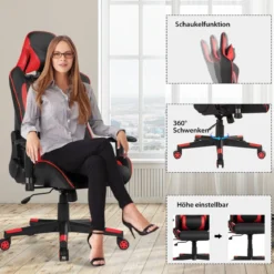 Ergonomischer Gaming Stuhl mit Hoher Rückenlehne & Kopfstütze & Lendenwirbelstütze Rot