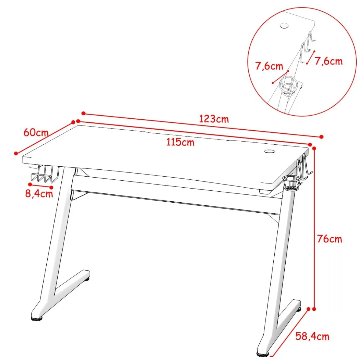 Ergonomischer Gaming Tisch Gaming Desk Computertisch mit Getränkehalter Schwarz 115 x 60 x 76 cm