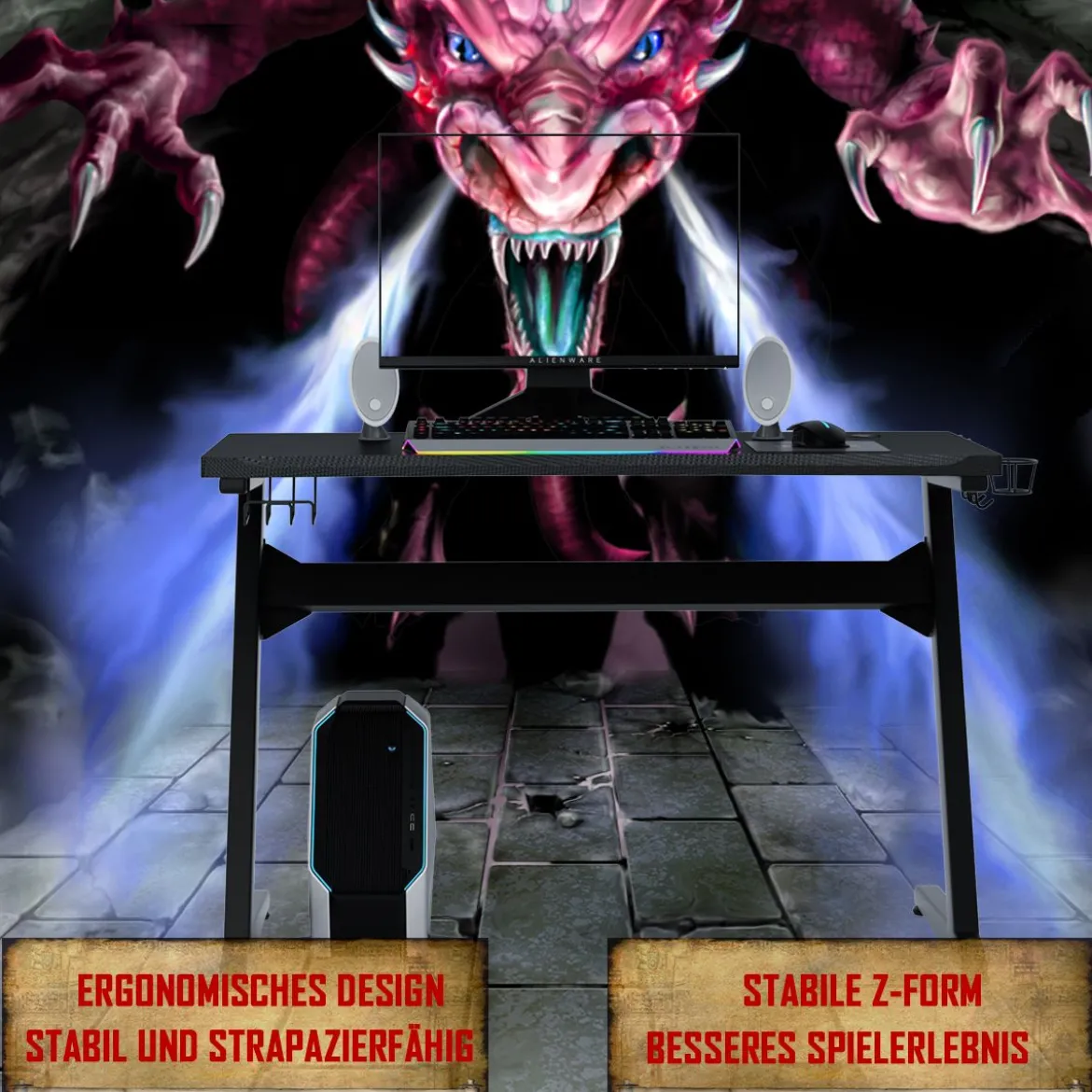 Ergonomischer Gaming Tisch Gaming Desk Computertisch mit Getränkehalter Schwarz 115 x 60 x 76 cm