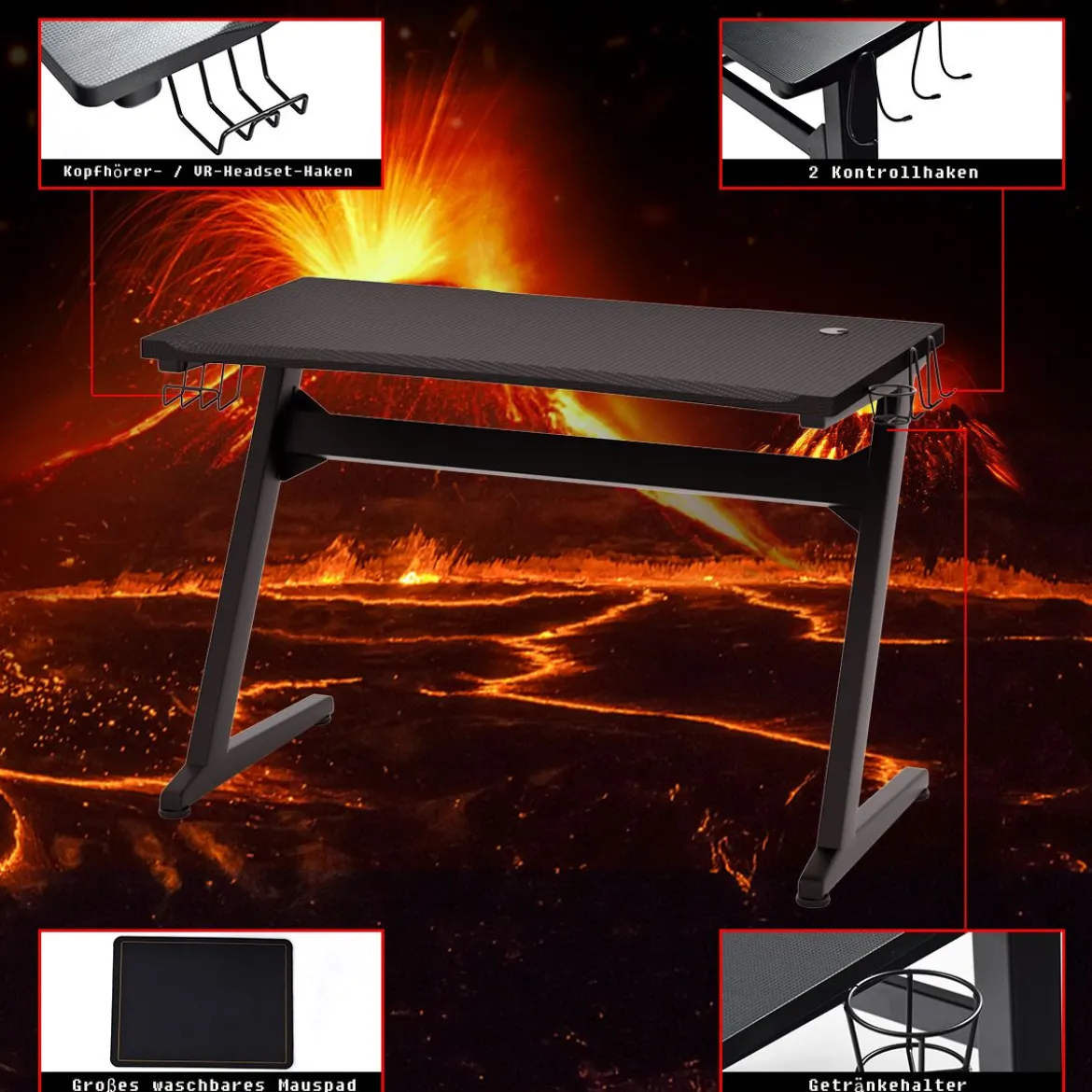 Ergonomischer Gaming Tisch Gaming Desk Computertisch mit Getränkehalter Schwarz 115 x 60 x 76 cm