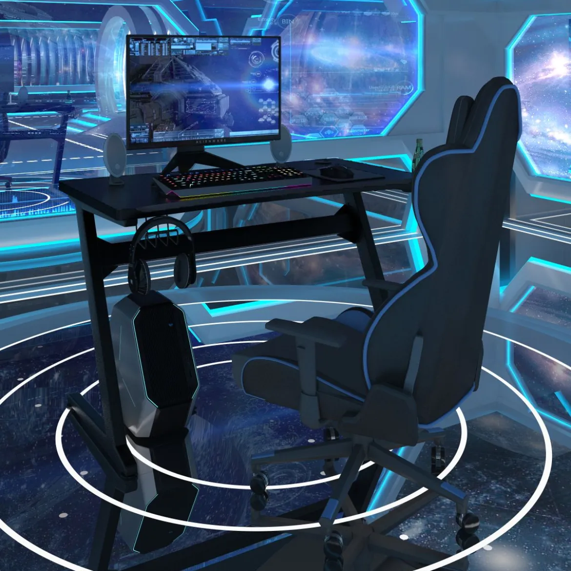 Ergonomischer Gaming Tisch Gaming Desk Computertisch mit Getränkehalter Schwarz 115 x 60 x 76 cm