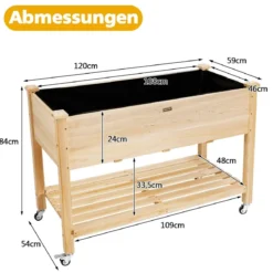 Erhöhtes Gartenbeet Pflanzkasten aus Holz mit Feststellbaren Rädern 120 x 59 x 84 cm Natur