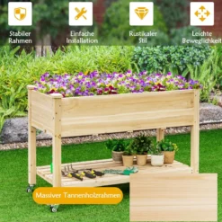 Erhöhtes Gartenbeet Pflanzkasten aus Holz mit Feststellbaren Rädern 120 x 59 x 84 cm Natur