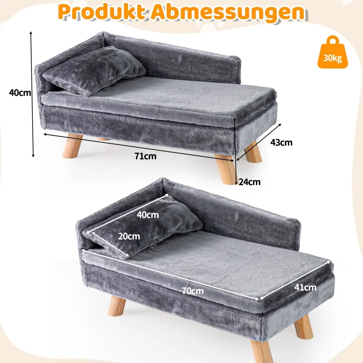 Erhöhtes Haustierbett für mittelgroße & kleine Haustiere Hundesofa mit abnehmbarem gepolstertem Kissen Grau