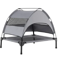 Erhöhtes Hundebett mit Baldachin Wetterfeste Hundeliege mit Abnehmbare Sonnendach 78,5 x 63 x 70 cm