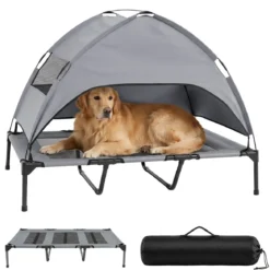 Erhöhtes Hundebett mit Baldachin Wetterfeste Hundeliege mit Abnehmbare Sonnendach 122,5 x 91 x 95 cm